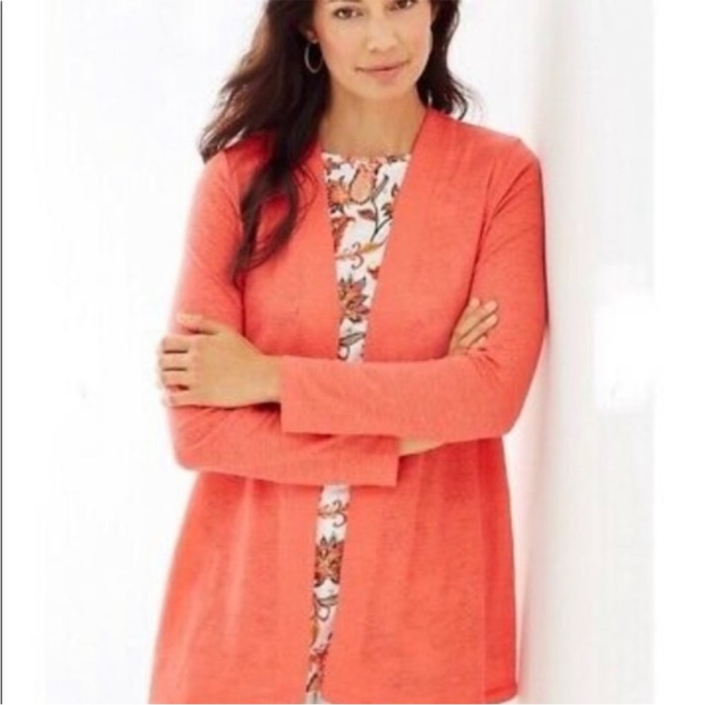 J. Jill Love Linen Orange Long Sleeve Open Front Cardigan Size XL Womens Coral